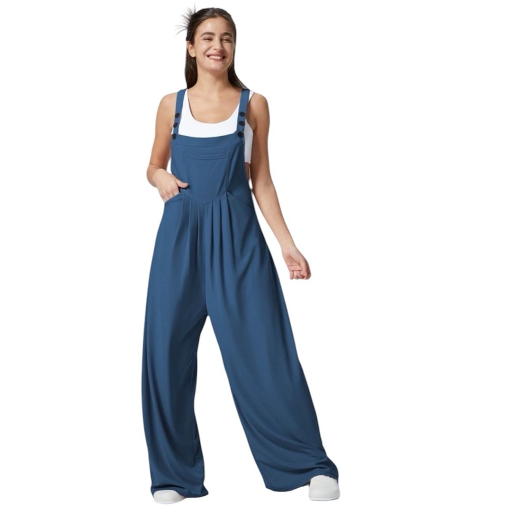 HALARA Waffle Jumpsuit Coveralls Stylish Blue Wide-Legs Multiple Pockets Casual - Picture 11 of 16